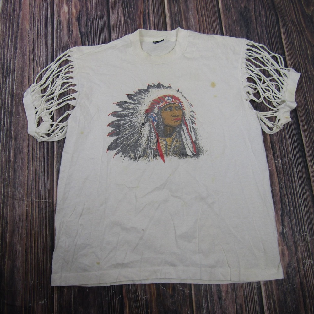 Vintage Tribal Festival Shirt Womens XL White Fringe Strappy Sleeve Graphic